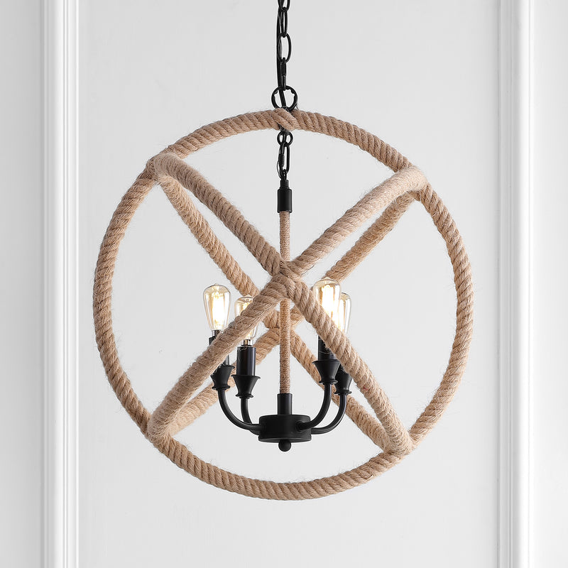 Jonathan Y Soka 4-Light 20" Adjustable Globe Metal/Rope LED Chandelier