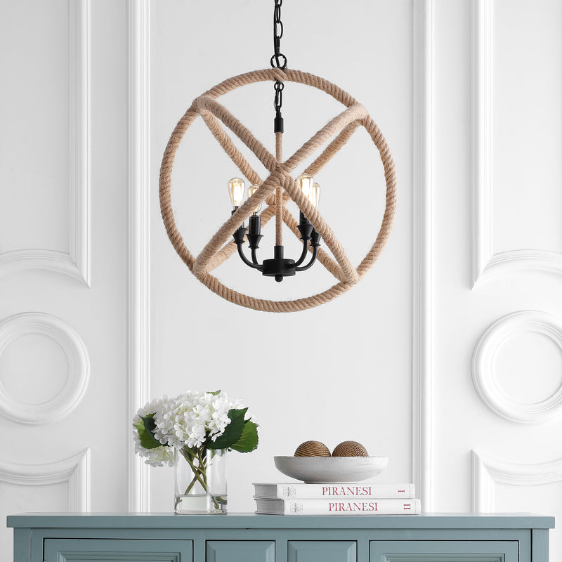 Jonathan Y Soka 4-Light 20" Adjustable Globe Metal/Rope LED Chandelier
