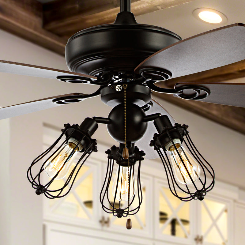 Jonathan Y Lucas 52" Caged 3-Light Metal/Wood LED Ceiling Fan